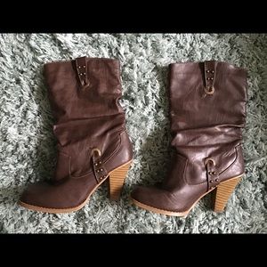 Slip on, mid calf boots